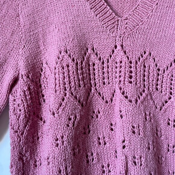 Pink Handmade Knit Sweater, Pullover V-neck - Picture 4 of 9